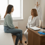 O femeie stă de vorbă cu medicul ginecolog în cabinet, discutând despre sănătatea ei intimă.