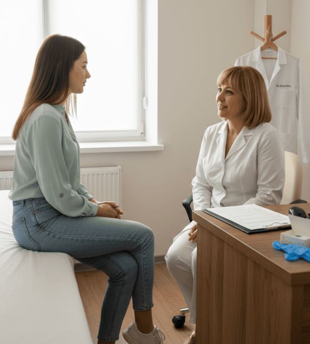 O femeie stă de vorbă cu medicul ginecolog în cabinet, discutând despre sănătatea ei intimă.