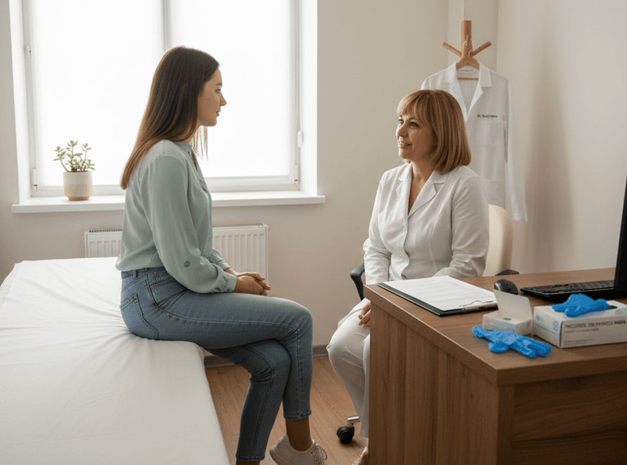 O femeie stă de vorbă cu medicul ginecolog în cabinet, discutând despre sănătatea ei intimă.