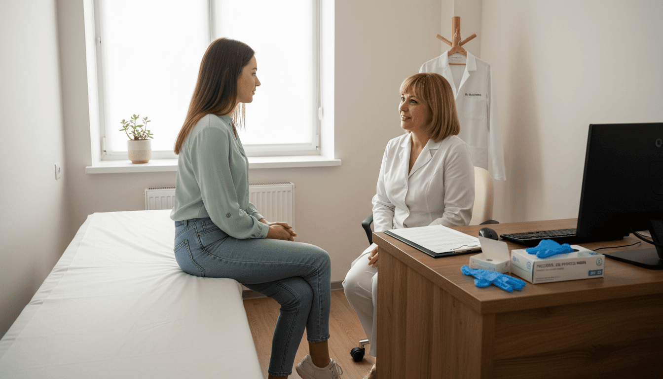 O femeie stă de vorbă cu medicul ginecolog în cabinet, discutând despre sănătatea ei intimă.