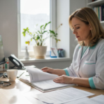 Medică ginecolog consultând fișa unei paciente în cabinet