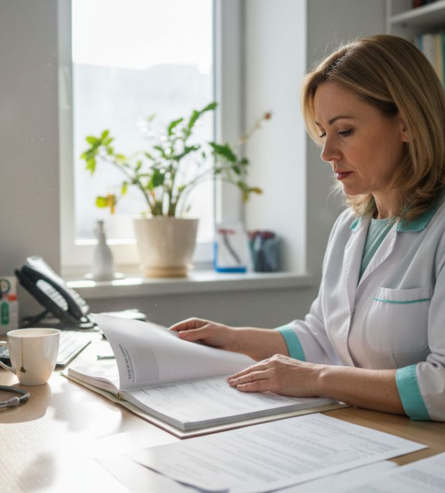 Medică ginecolog consultând fișa unei paciente în cabinet