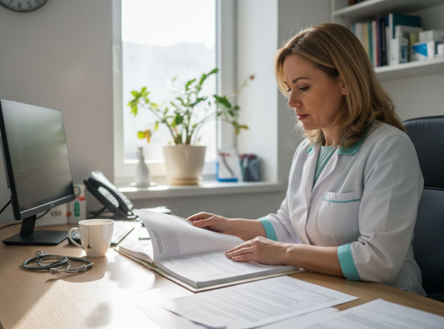 Medică ginecolog consultând fișa unei paciente în cabinet