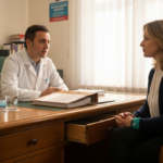 O femeie se află la o consultație la gastroenterolog, în cabinetul medicului.