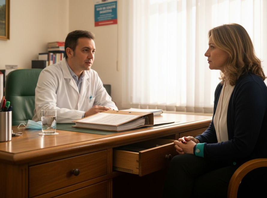 O femeie se află la o consultație la gastroenterolog, în cabinetul medicului.