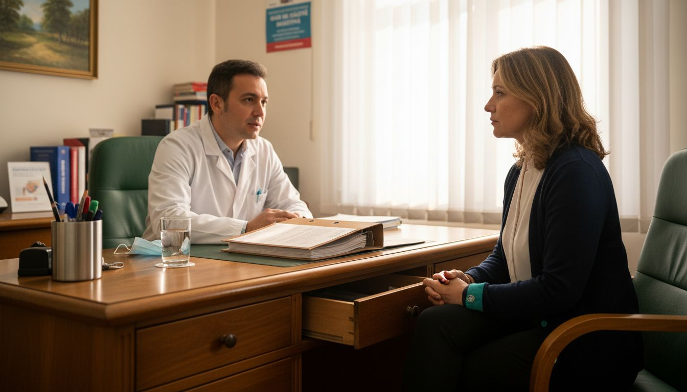 O femeie se află la o consultație la gastroenterolog, în cabinetul medicului.