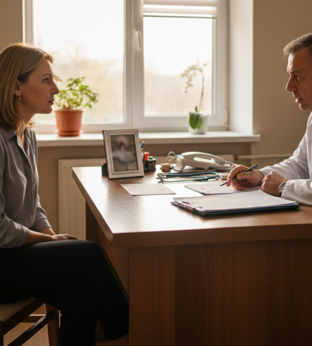 O pacientă ascultă cu atenție recomandările medicului cardiolog în timpul consultației.