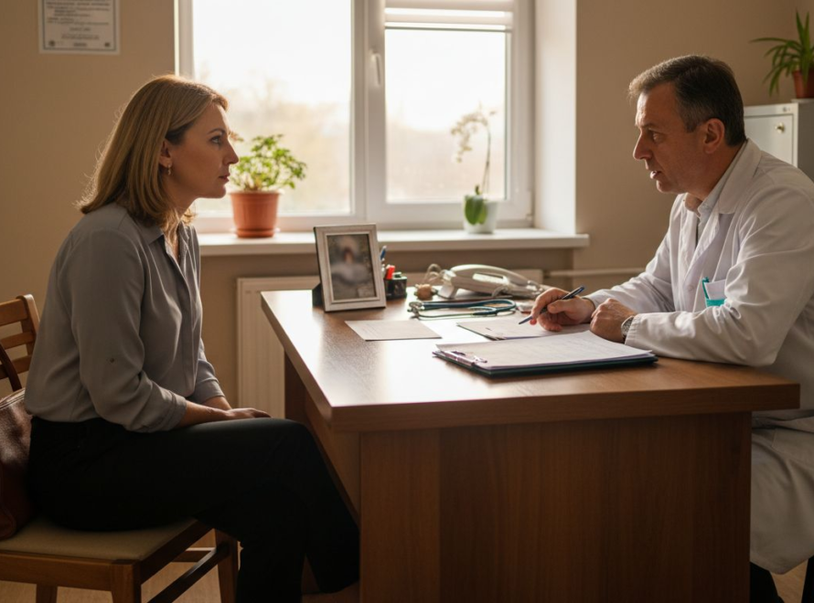 O pacientă ascultă cu atenție recomandările medicului cardiolog în timpul consultației.