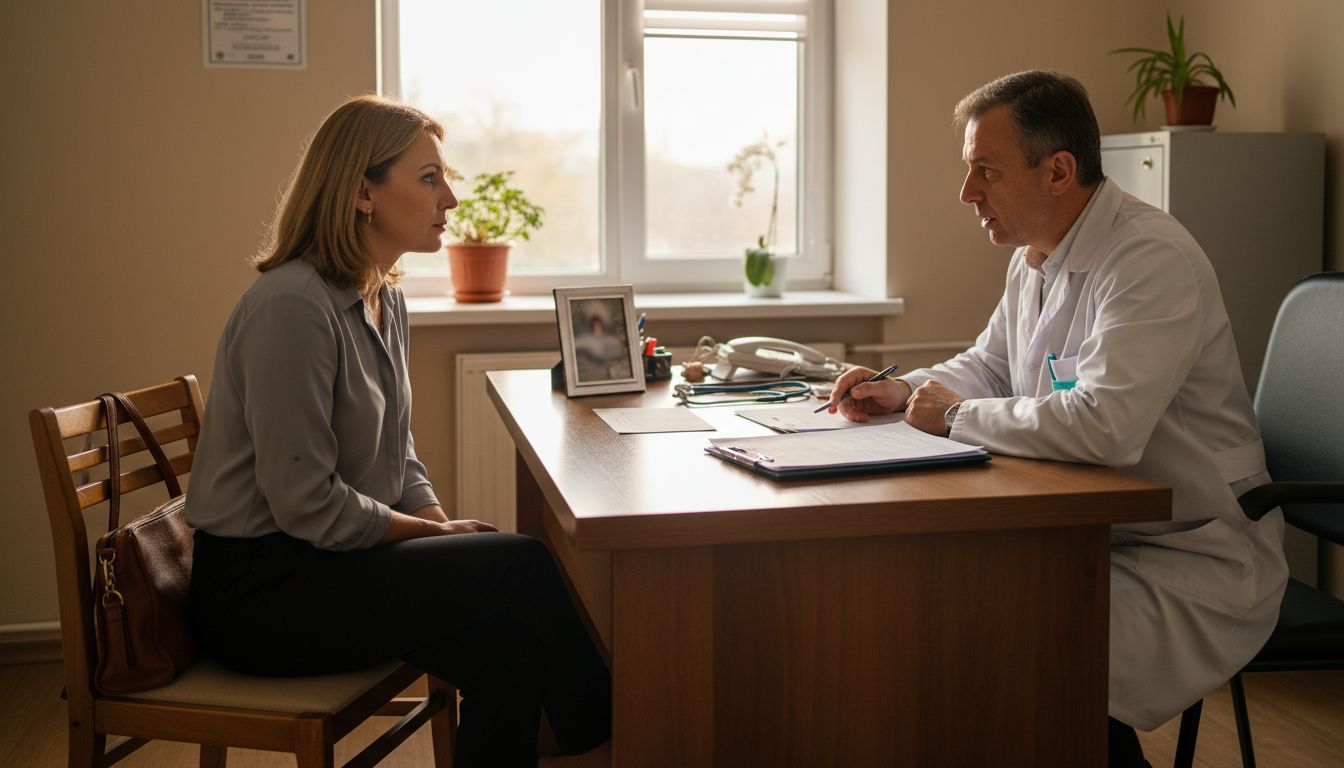 O pacientă ascultă cu atenție recomandările medicului cardiolog în timpul consultației.