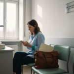 O doamnă așteaptă să intre la o consultație medicală într-o clinică privată.