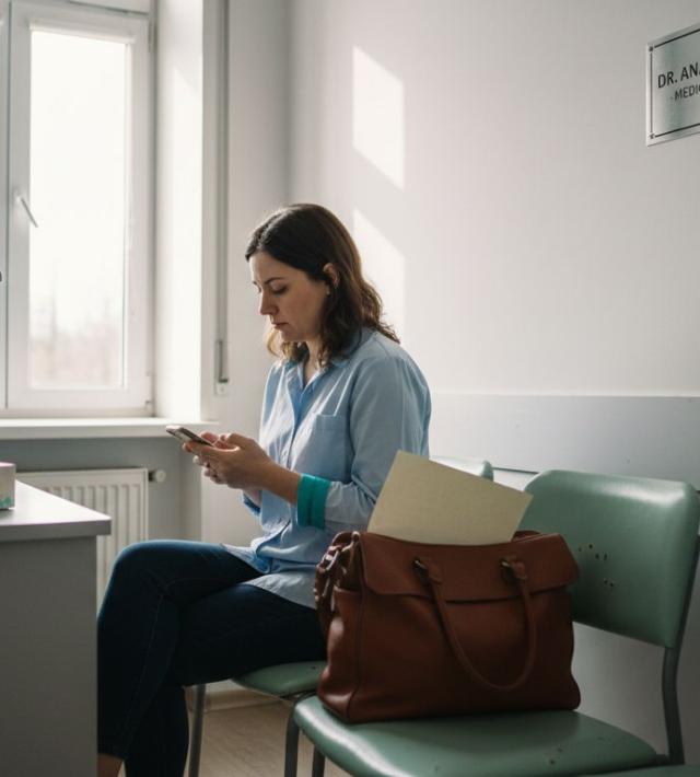 O doamnă așteaptă să intre la o consultație medicală într-o clinică privată.