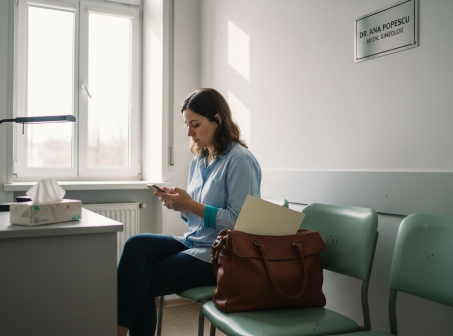 O doamnă așteaptă să intre la o consultație medicală într-o clinică privată.