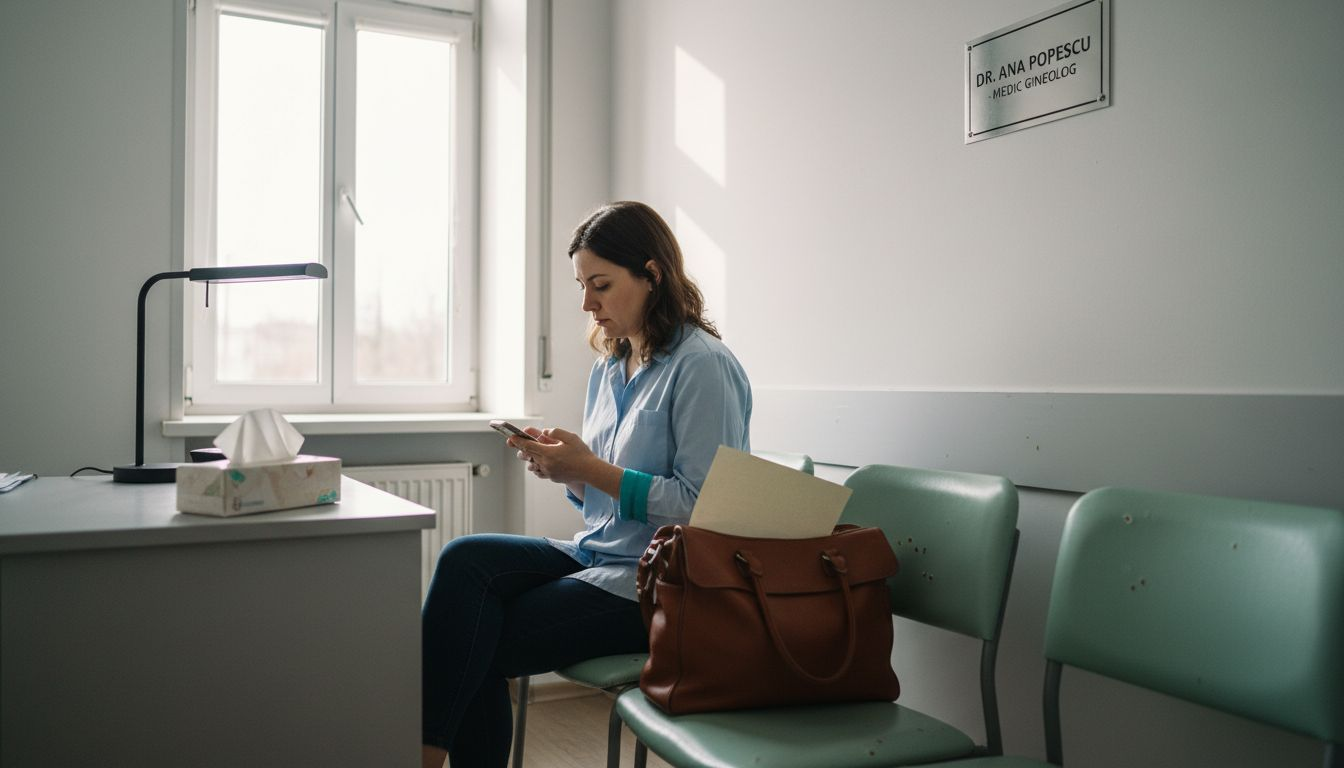 O doamnă așteaptă să intre la o consultație medicală într-o clinică privată.