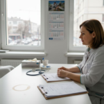 O pacientă se află la consultație ginecologică în cabinet.