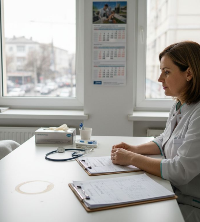 O pacientă se află la consultație ginecologică în cabinet.