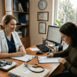 Medic discutând cu o pacientă în cabinet