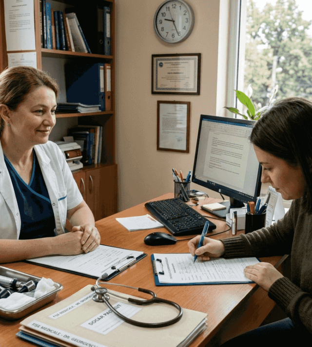 Medic discutând cu o pacientă în cabinet