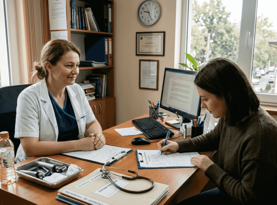 Medic discutând cu o pacientă în cabinet