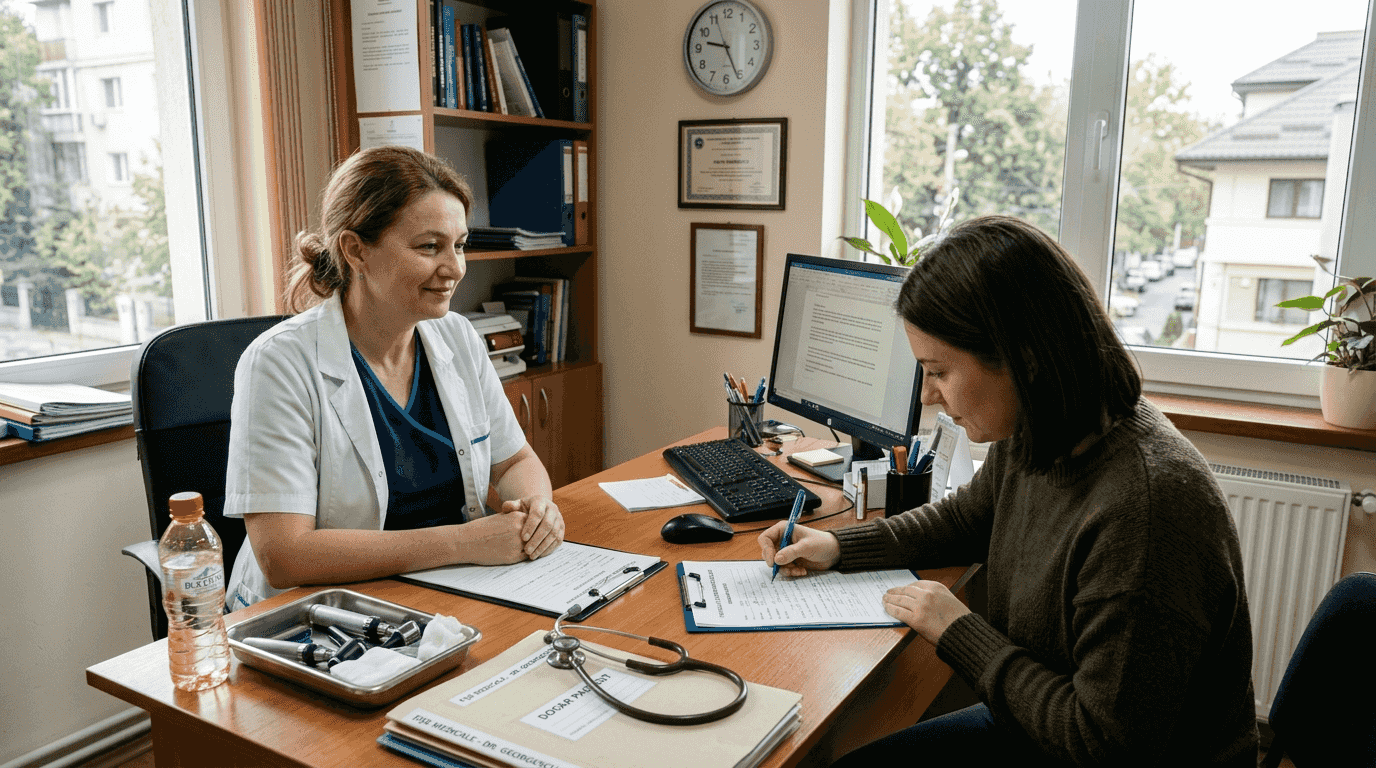 Medic discutând cu o pacientă în cabinet