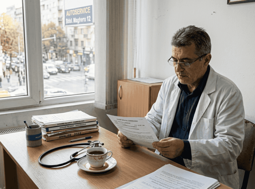 Medic cardiolog analizând fișele pacienților la birou