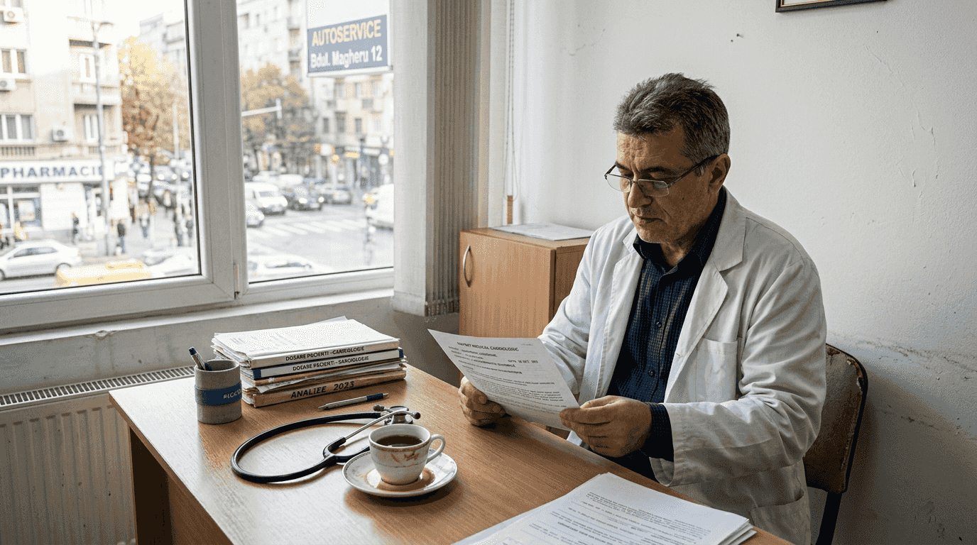 Medic cardiolog analizând fișele pacienților la birou