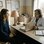 O pacientă se află la o consultație endocrinologică în cabinetul medicului.