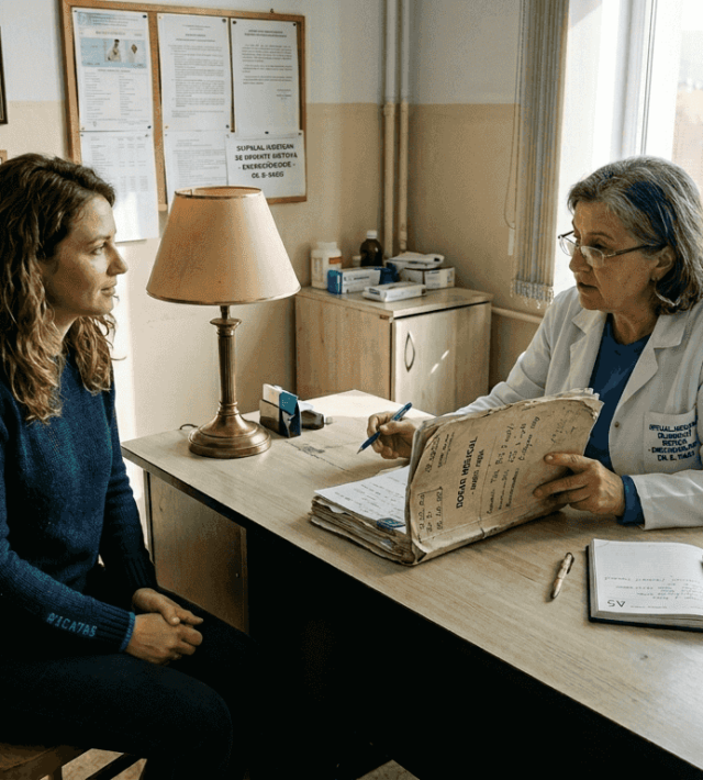 O pacientă se află la o consultație endocrinologică în cabinetul medicului.