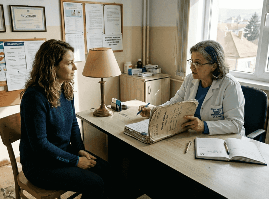 O pacientă se află la o consultație endocrinologică în cabinetul medicului.