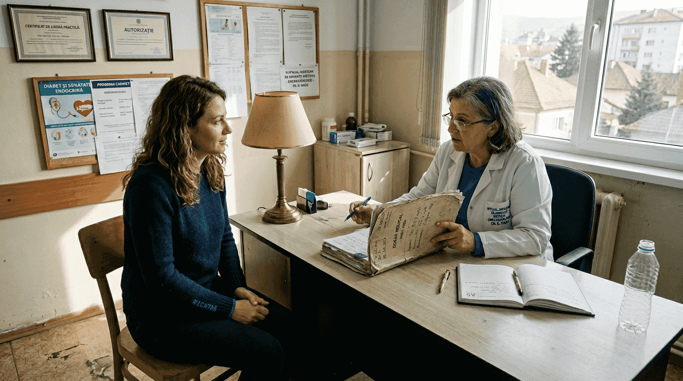 O pacientă se află la o consultație endocrinologică în cabinetul medicului.