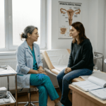 Medicul ginecolog discută cu pacientă în cabinet, oferindu-i sfaturi și răspunsuri la întrebările legate de sănătatea ei intimă.