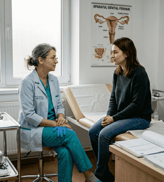 Medicul ginecolog discută cu pacientă în cabinet, oferindu-i sfaturi și răspunsuri la întrebările legate de sănătatea ei intimă.
