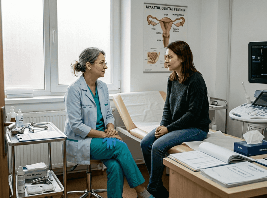 Medicul ginecolog discută cu pacientă în cabinet, oferindu-i sfaturi și răspunsuri la întrebările legate de sănătatea ei intimă.