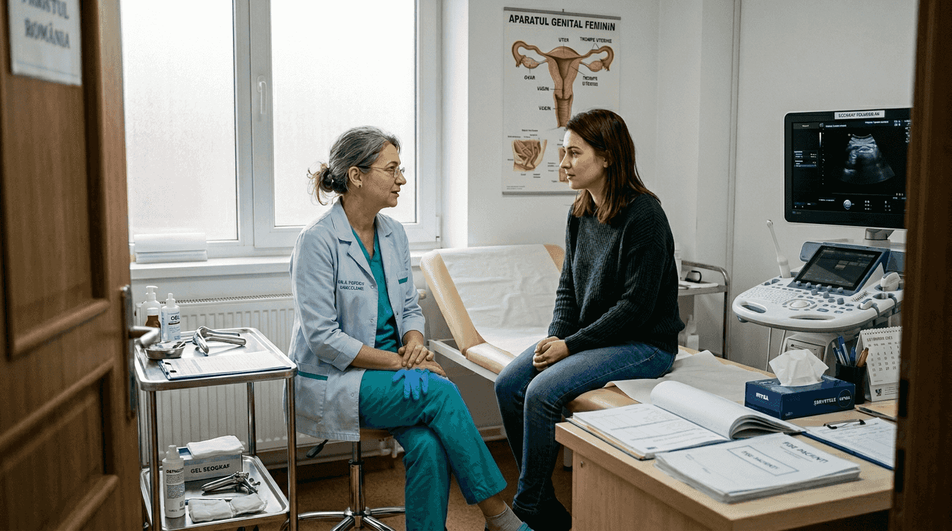 Medicul ginecolog discută cu pacientă în cabinet, oferindu-i sfaturi și răspunsuri la întrebările legate de sănătatea ei intimă.
