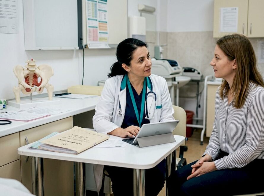 Medic și pacient discută în cabinet, analizând împreună rezultatele și planul de tratament.