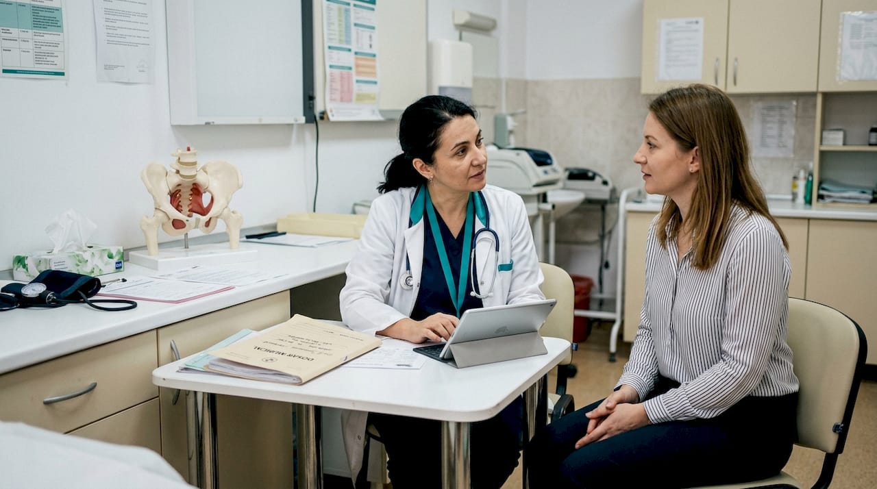 Medic și pacient discută în cabinet, analizând împreună rezultatele și planul de tratament.