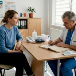 O femeie stă de vorbă cu medicul într-un cabinet medical.