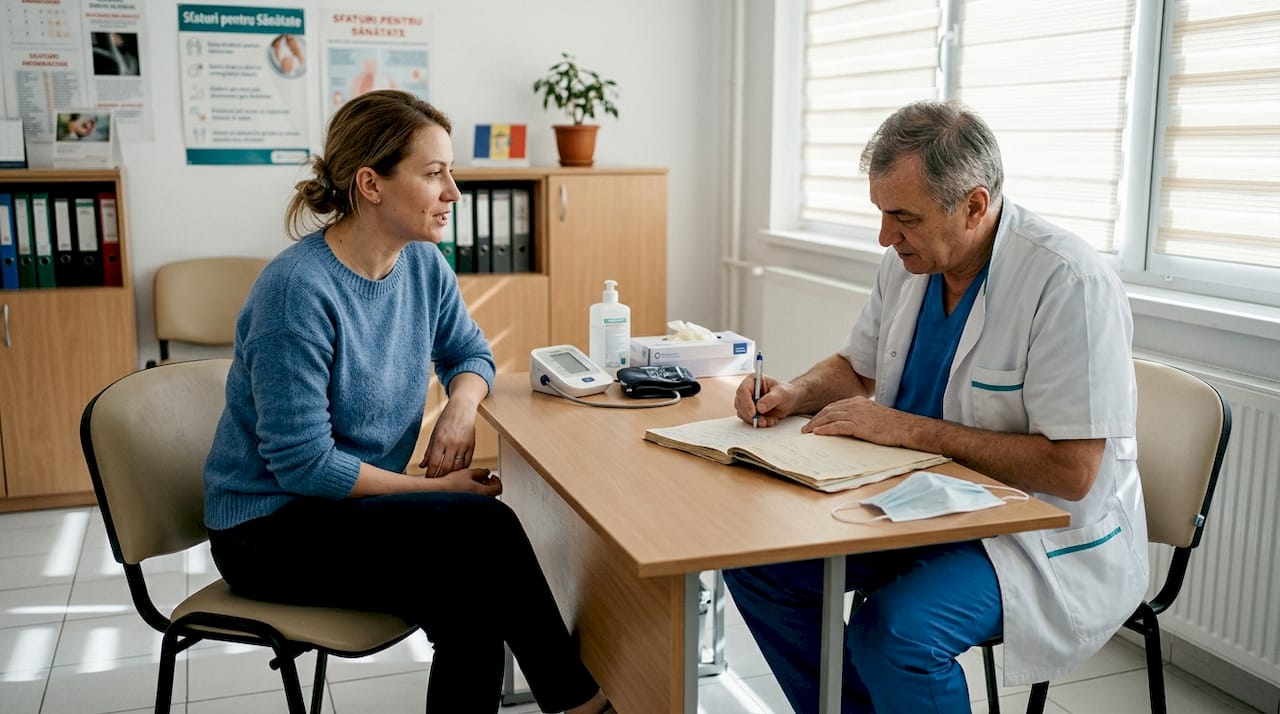O femeie stă de vorbă cu medicul într-un cabinet medical.