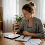 O femeie stă la masa din bucătărie și caută informații despre sănătatea digestivă.