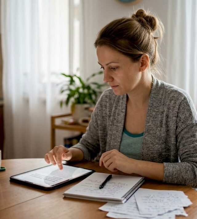 O femeie stă la masa din bucătărie și caută informații despre sănătatea digestivă.