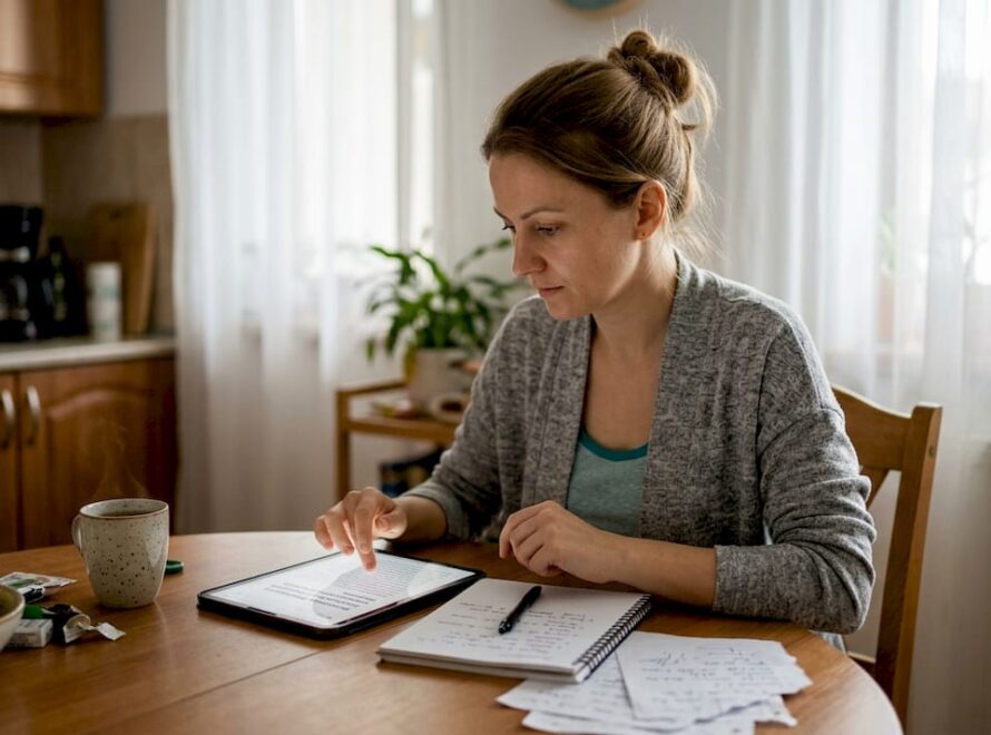 O femeie stă la masa din bucătărie și caută informații despre sănătatea digestivă.