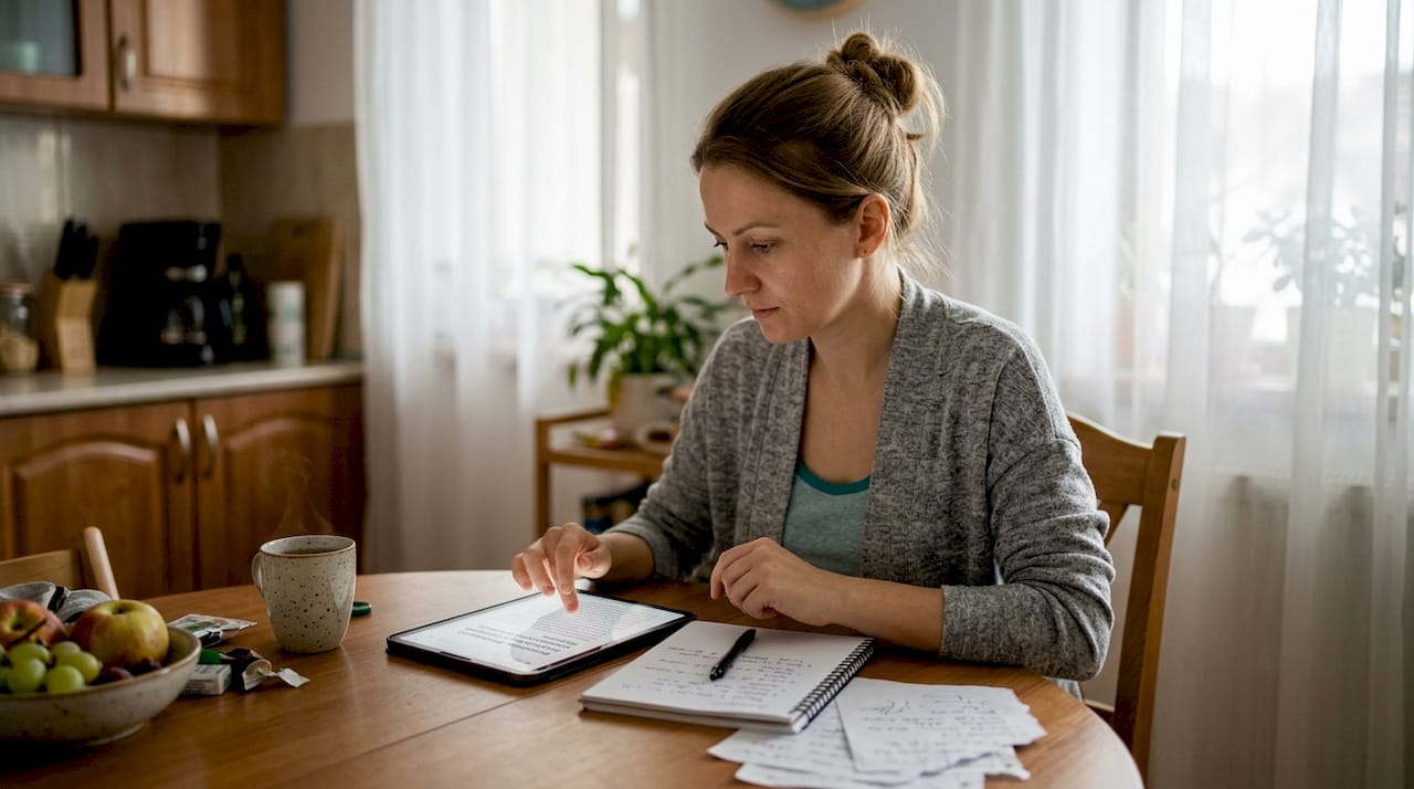 O femeie stă la masa din bucătărie și caută informații despre sănătatea digestivă.
