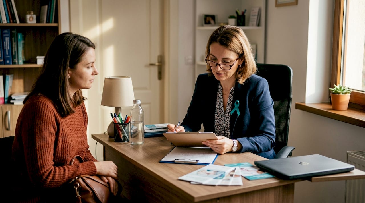 Medicul poartă o discuție relaxată cu o pacientă într-un cabinet primitor, unde atmosfera este caldă și liniștitoare.