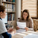 Discuție între pacientă și medicul endocrinolog în cabinet, despre problemele de sănătate și soluțiile potrivite.