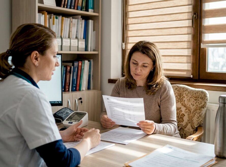 Discuție între pacientă și medicul endocrinolog în cabinet, despre problemele de sănătate și soluțiile potrivite.