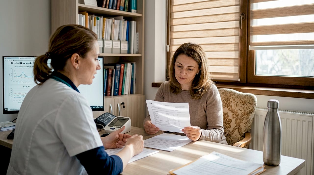 Discuție între pacientă și medicul endocrinolog în cabinet, despre problemele de sănătate și soluțiile potrivite.