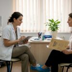 Medicul ginecolog îi explică pacientei opțiunile pentru un consult minim invaziv