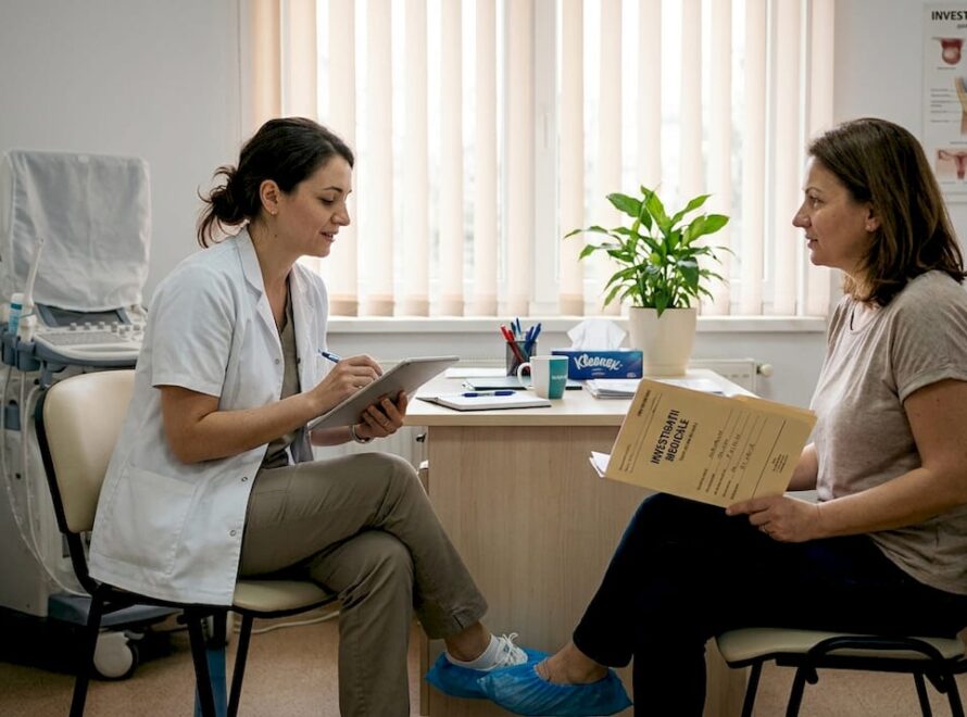 Medicul ginecolog îi explică pacientei opțiunile pentru un consult minim invaziv