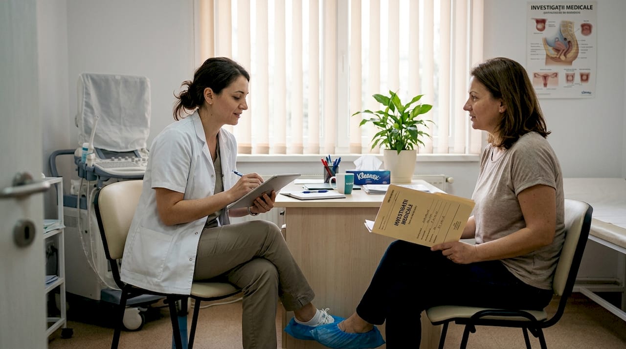 Medicul ginecolog îi explică pacientei opțiunile pentru un consult minim invaziv