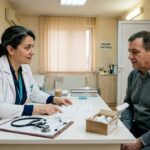 Medicul îi explică pacientului, la birou, cum se desfășoară testul pentru evaluarea plămânilor.