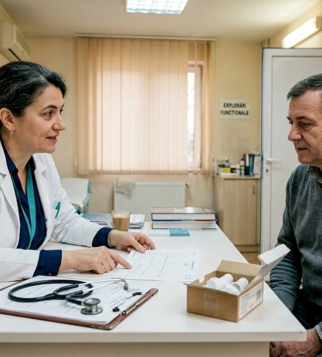 Medicul îi explică pacientului, la birou, cum se desfășoară testul pentru evaluarea plămânilor.